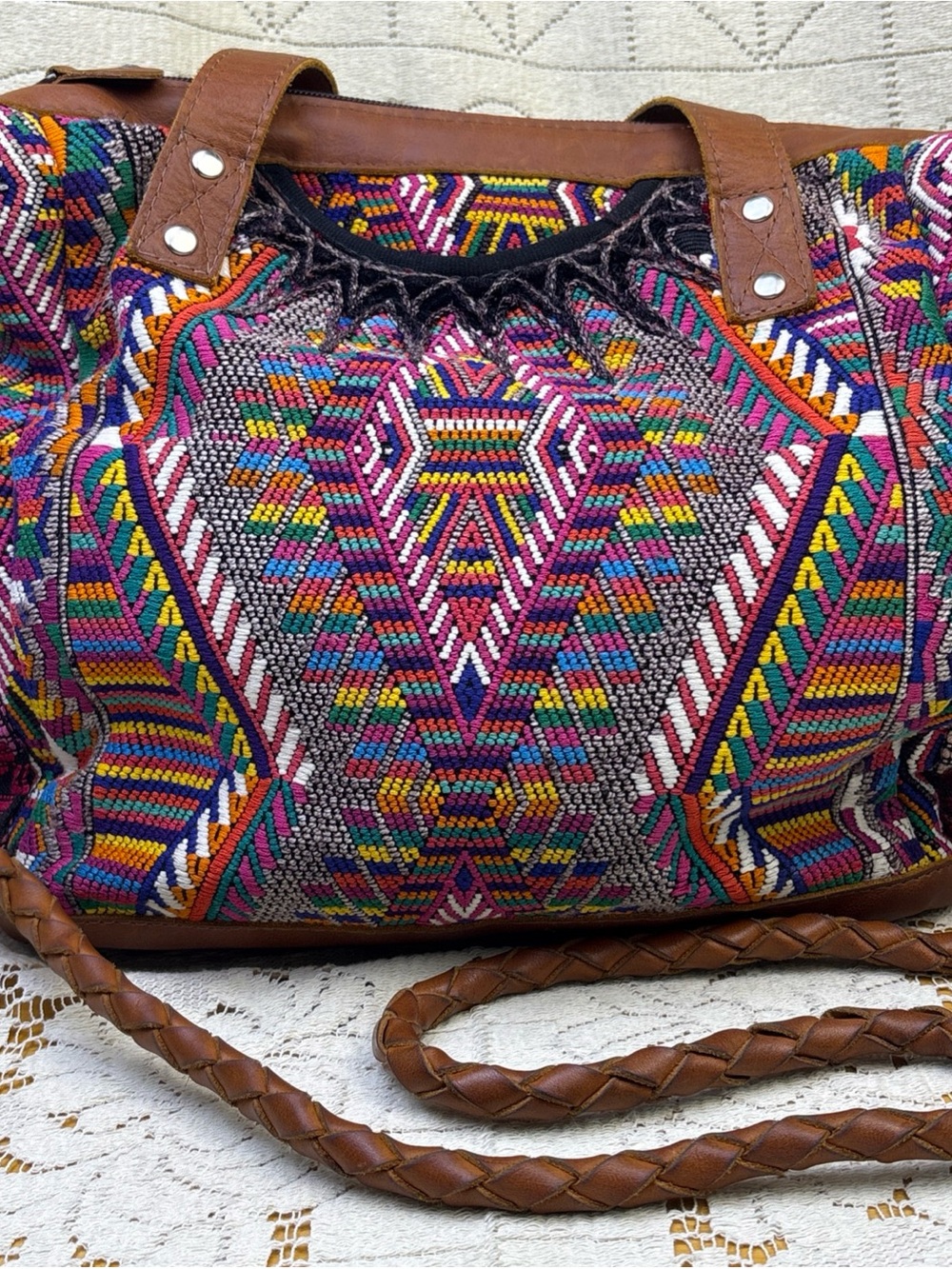 Nena and Co. Large Huipil Textile Convertible Backpack Crossbody Leather